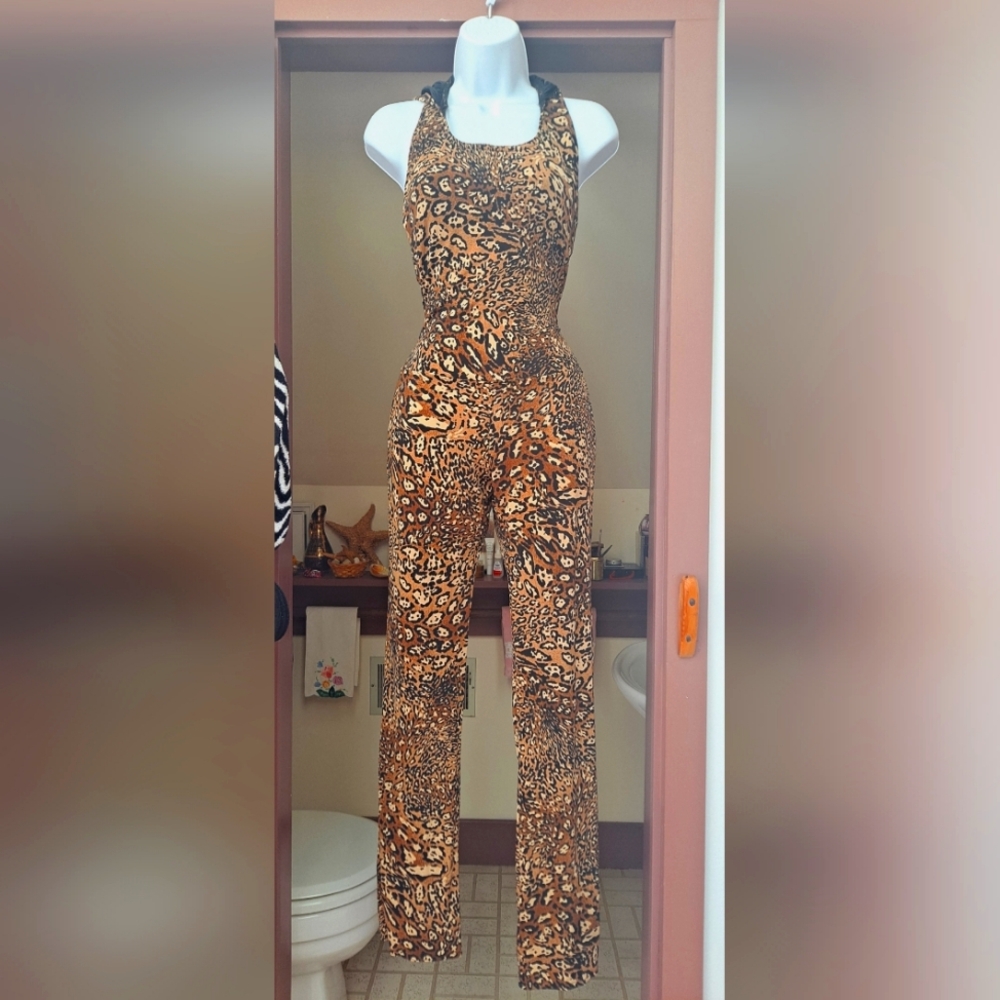 Hooded Leopard Catsuit Bodycon Romper Pantsuit Sleeveless Jumpsuit Halloween